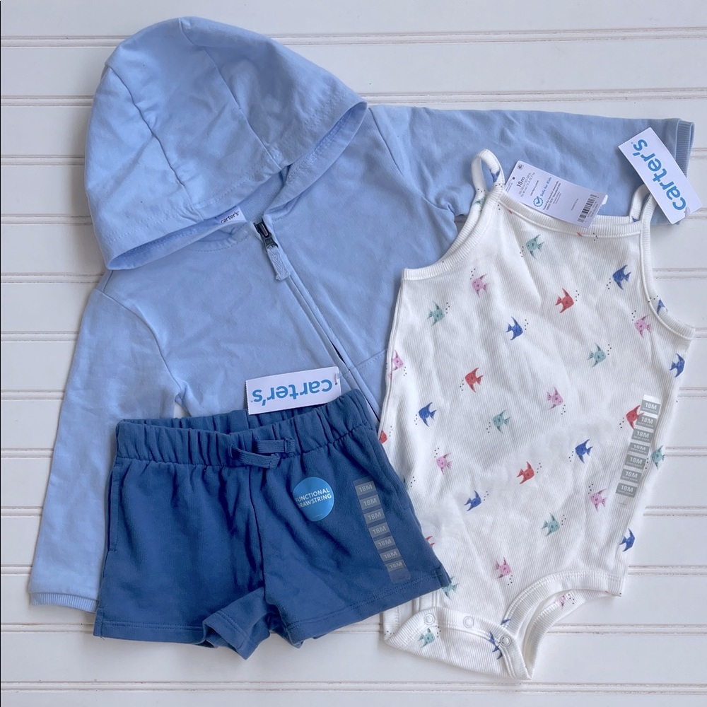 NWT Girls Zip Up Hoodie Elastic Shorts Onesie 3 Piece Spring Summer Set